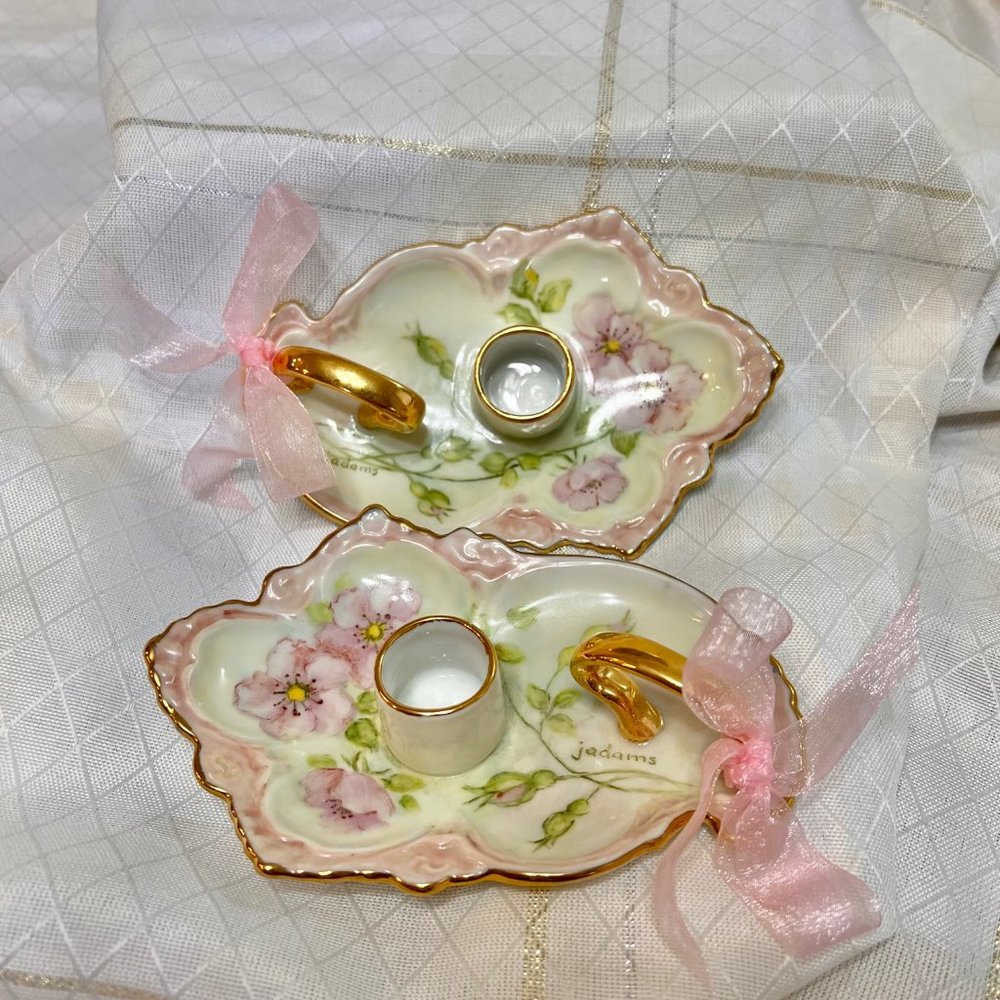 Vintage Candle Holders, Signed Hand Painted Floral Porcelain Candle Holders
